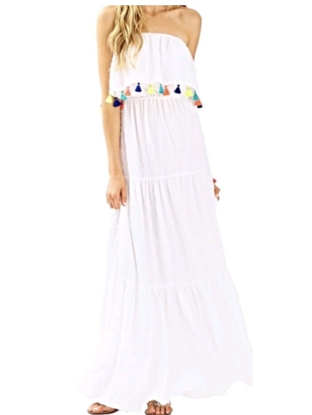 Lilly Pulitzer Caridee Strapless Maxi Dress XXS Resort White Colorful Tassels